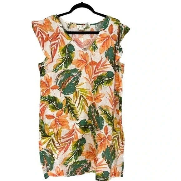 Nicole Miller Women's 100% Linen Tropical Print Flutter Sleeve Dress Sz L GUC - Picture 1 of 6